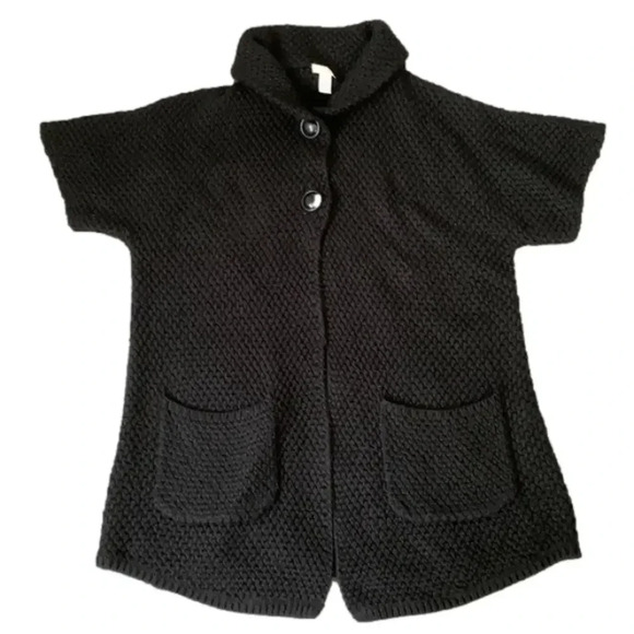 Chico’s Wool Blend Knit heavy Cardigan Shrug Sweater Short Sleeve size 2 Black - Picture 1 of 8